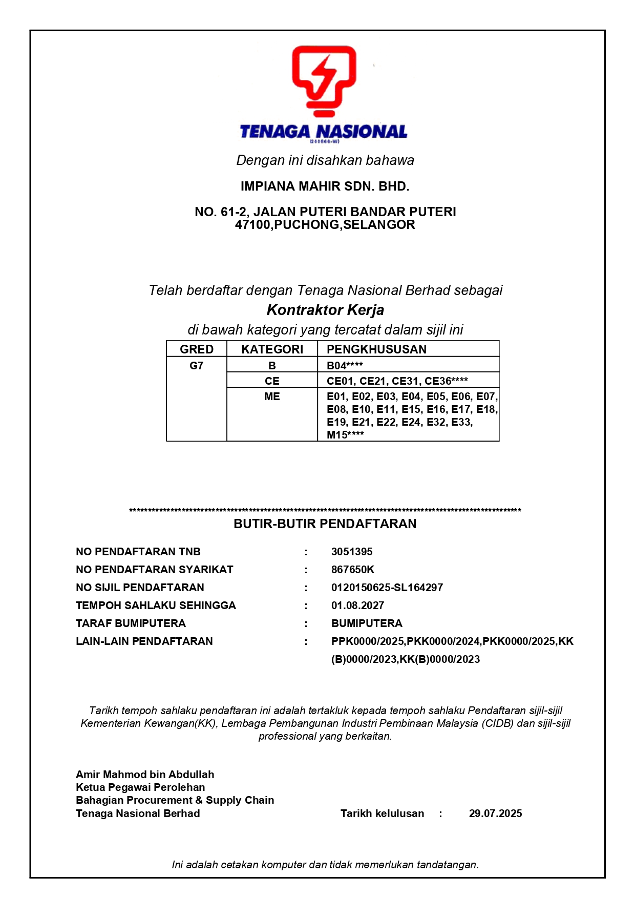 TNB Certificate