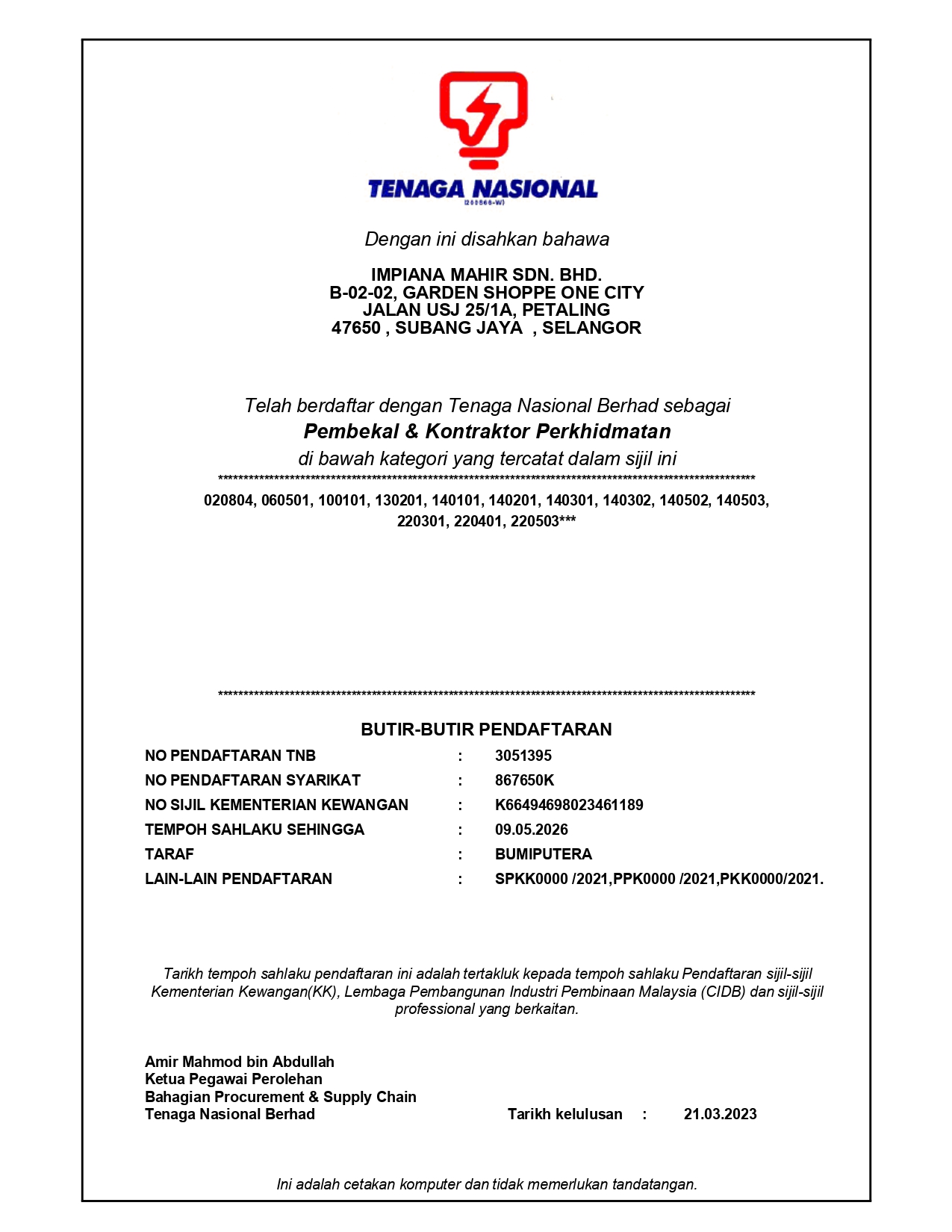 TNB Supplier Certificate